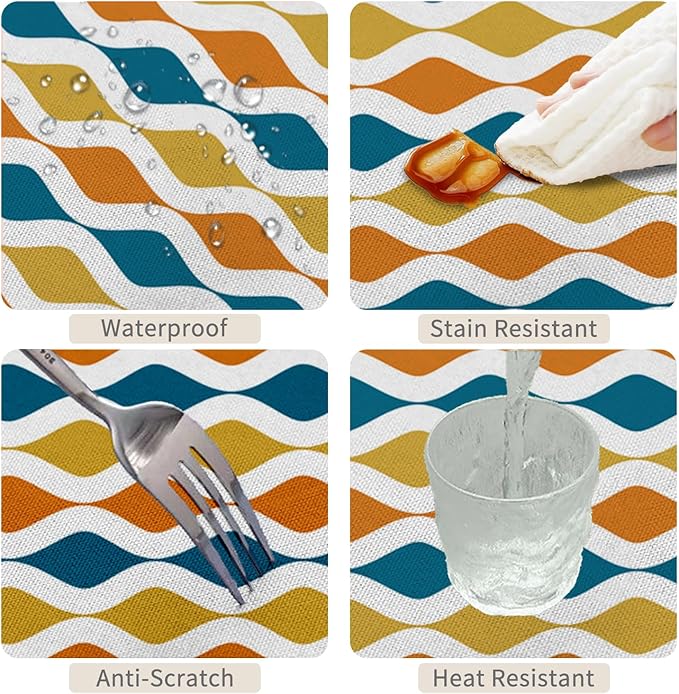 54x70inches Mid Century Tablecloth Orange Yellow Turquoise Geometric Stripes Table Cloth Waterproof Stain Resistant Rectangle Table Cover for Dining Room Home Decor Cafe Indoor Outdoor Use