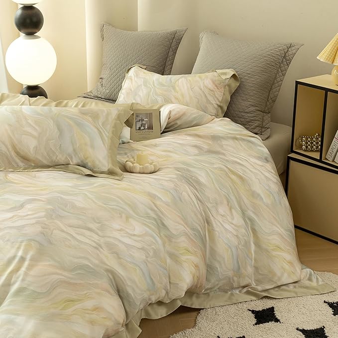 ECOCOTT Bedding 3-Piece Duvet Cover Set Queen Size – Silky Soft 100% Lyocell, Cooling & Breathable for Hot Sleepers, Ultra-Soft with Elegant Marble Pattern, Moisture-Wicking