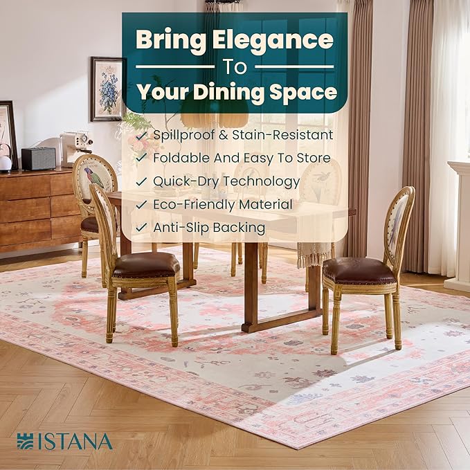 Istana Living Room Rug 10x14 - Pink 10 x 14 Area Rug - Foldable Machine Washable Area Rugs 10x14 - Stylish 10x14 Area Rugs Boho - Stain Resistant Washable Rug 10x14