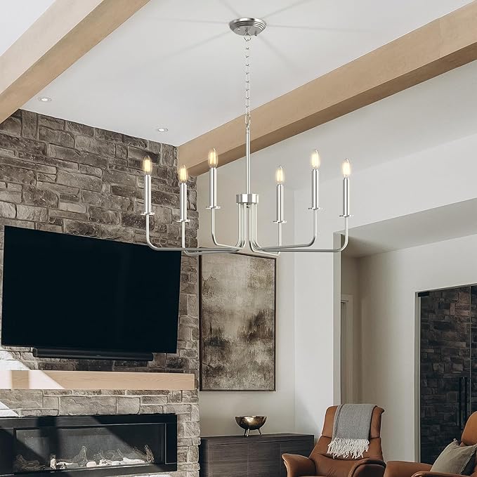 Farmhouse Chandelier, 6-Light Metal Hanging Ceiling Light Fixture for Dining Room, Kitchen Island, Living Room, Entryway, Foyer-Brushed Nickel