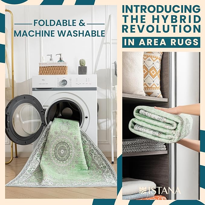 Istana 6x9 Area Rug - Green Rugs for Living Room 6x9 - Foldable Boho Rugs for Bedroom - Stain Resistant Washable Rug - Eco-Friendly Area Rugs - Easy to Clean Living Room Rug