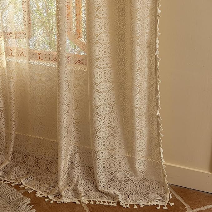 YJ YANJUN Boho Sheer Curtains 108 inches Long Antique Farmhouse Extra Long Floor to Ceiling Curtains Lace Voile Curtain for Patio Sliding Door Living Room Privacy 9ft 59" W x 108" L (Pack of 2)