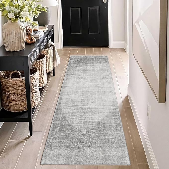 Enkor Runner Rugs for Hallway, 2x6 Washable Soft Non Slip Abstract Rugs for Kitchen, Modern Mat for Entryway Living Room Bedroom Light Grey