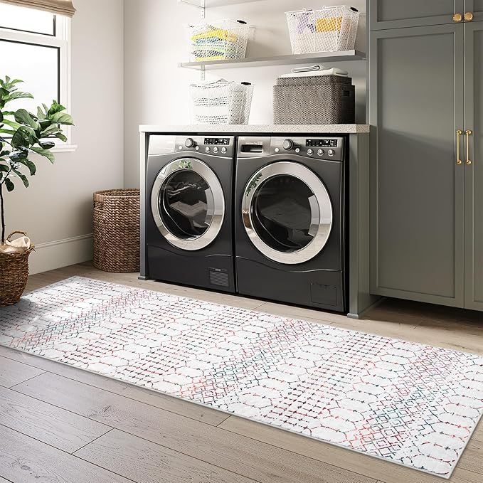 Lahome Moroccan Washable Runner Rug 2x6 - Non-Slip Anti-Fatigue Kitchen Rugs and Runners Throw Soft Long Bathroom Runner, Geometric Print Distressed Floor Runners for Entryway Laundry Room Foyer