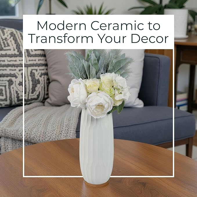 Oblong Decorative Vase with Textured Finish – Ceramic Decorative Vases for Home Decor – Modern Centerpiece Flower Vases for Living Room, Bedroom & Office – 14", White