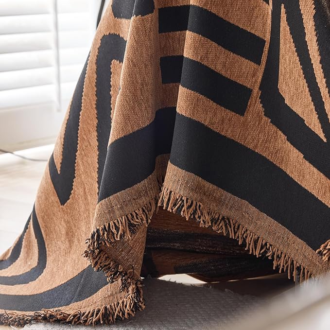 DREAMINGO Boho Couch Cover Washable Chenille Sofa Cover Blanket Brown Black Furniture Protector for Sectional 2 Cushion Couch Reversible Geometric Jacquard Loveseat Slipcover, Large 71"x118"