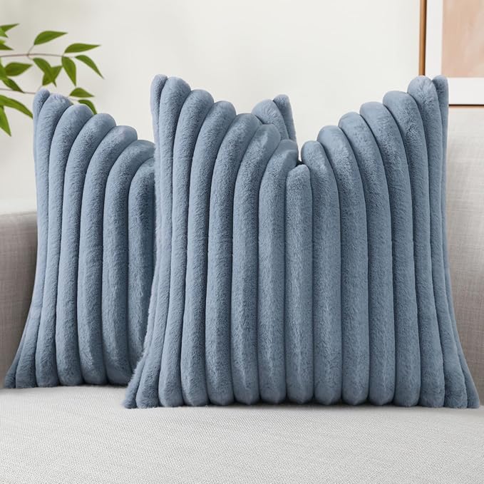 decorUhome Faux Fur Christmas Throw Pillow Covers 22x22 Set of 2, Decorative Soft Plush Striped Neutral Couch Euro Pillow Covers with Velvet Back for Sofa, Bed, Living Room Home Decor, Grey Blue