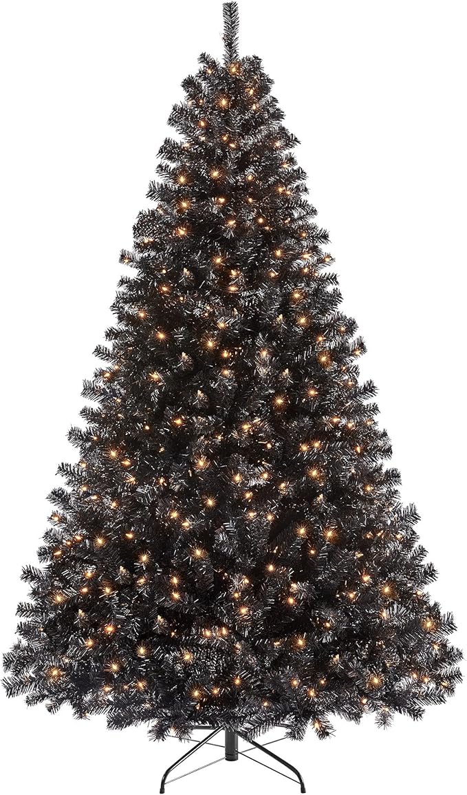 Yaheetech 7.5Ft Pre-Lit Halloween Black Artificial Hinged Christmas Pine Tree Prelighted Xmas Tree for Home Party Holiday Decoration with 550 Clear Warm White Lights and 1354 Branch Tips
