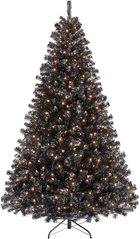 Yaheetech 7.5Ft Pre-Lit Halloween Black Artificial Hinged Christmas Pine Tree Prelighted Xmas Tree for Home Party Holiday Decoration with 550 Clear Warm White Lights and 1354 Branch Tips