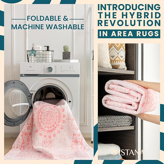 Istana 9x12 Area Rug - Pink 9 x 12 Area Rugs for Living Room - Foldable 9x12 Rugs for Bedroom/Living Room Rug - Stain Resistant Washable & Eco-Friendly Area Rugs