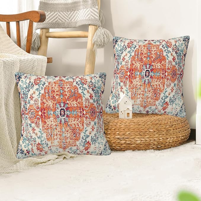 Boho Pillow Covers 18X18 Set of 2, Boho Carpet Decorative Throw Pillow Covers,Vintage Boho Rug Design Pillow Cover Pillowcase Cushion Case for Home Sofa Couch Indoor Outdoor Decorations