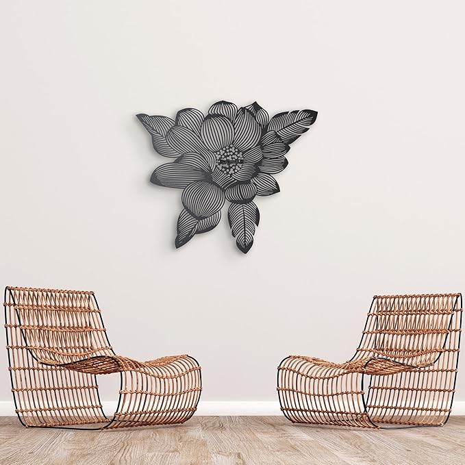 NEODECO 3D Flower Metal Wall Art, Floral Line Art, Minimalist home decor (Black, Medium)