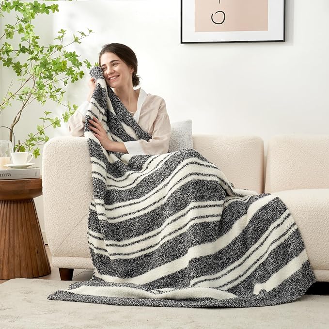 Snuggle Sac Queen Size Bed Blanket Stripe Black, Super Soft Warm Bedding Blankets Cozy Knit Fuzzy Plush Blankets for Bed, Living Room, Stripe Black, Queen 90"x90"