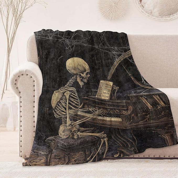 Haunted Skeleton Pianist Blanket, Cozy Flannel Gothic Style Throw Blanket, Soft Fuzzy Blankets for Travel Home Decor, All Season Lightweight Couch Bed Cover, Gifts for Women Adults Kids 60"×80"