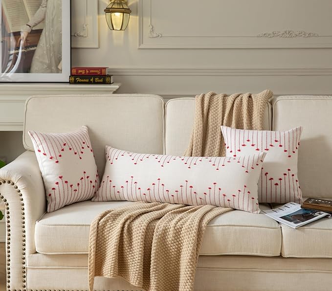 Caflife Christmas Lumbar Pillow Cover 14x36 Long Pack of 1 Decorative Pillows Bed, Beige with Red Body Throw Pillow Covers, for Modern Farmhouse Sofa Bedroom Living Room Home Decor Couch Pillowcase