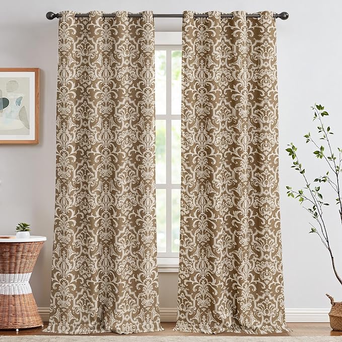 jinchan Room Darkening Curtains for Bedroom Brown Damask Patterned Curtains 84 Inch Length for Living Room Linen Textured Vintage Drapes Medallion Window Treatments Grommet Top 2 Panels Set