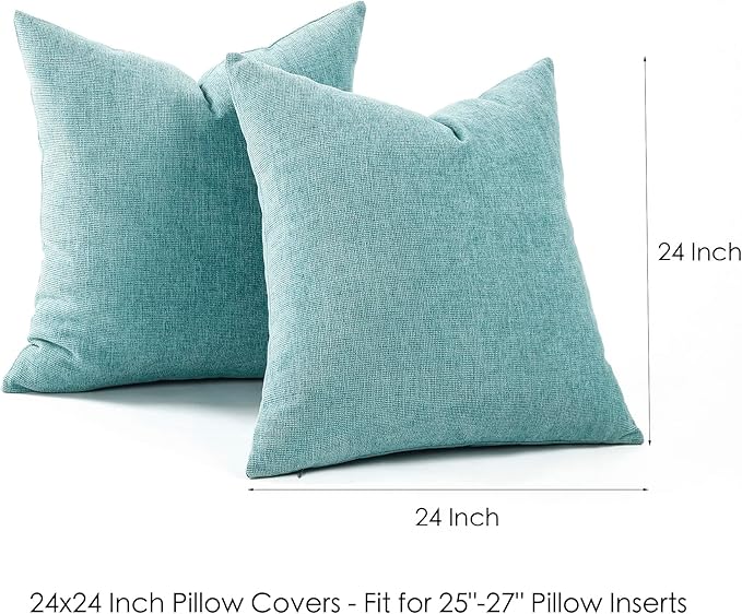 Jepeak 24x24 Inch Decorative Chenille Throw Pillow Covers, Pack of 2 Cozy Concise Pillow Cases Soft Farmhouse Modern Square Cushion Cover for Sofa Couch Bed Home Decor, Turquoise