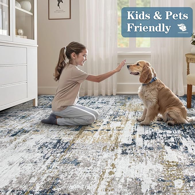 8x10 Area Rugs for Living Room: Washable Modern Abstract Rug Large Soft Non Slip Living Room Rug Indoor Low Pile Carpet for Bedroom Dining Room Home - Blue Grey Brown