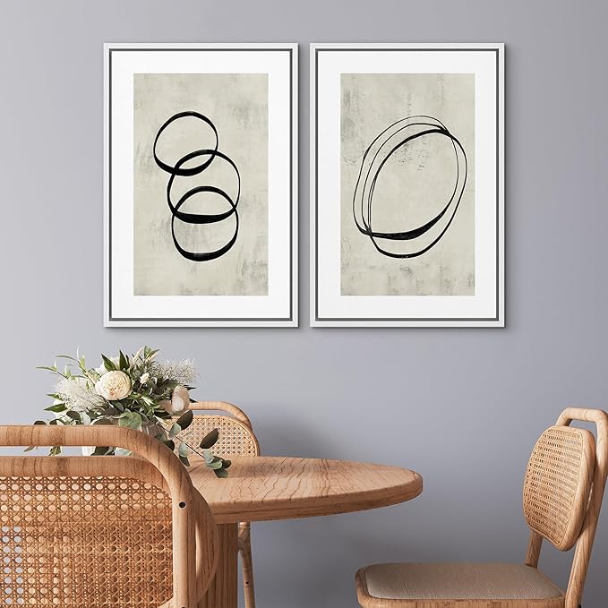 SIGNWIN Framed Canvas Print Wall Art Set Black Tan Ring Spiral Collage Abstract Shapes Cozy Neutral Modern Art Decorative Nordic Multicolor for Living Room, Bedroom, Office - 24"x36"x2 White