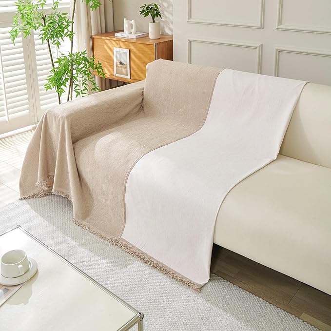 DREAMINGO Sofa Covers Washable Thick Chenille Couch Cover for 3 Cushion Couch Sofa Multi-Use Couch Cover Blanket Modern Pet Furniture Protector Sectional Couch Slipcover 71"x134", Khaki