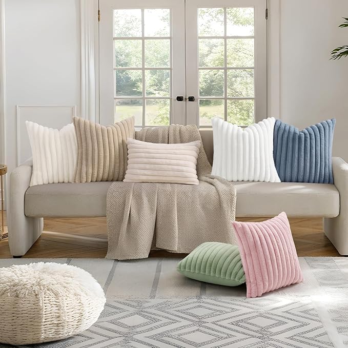 decorUhome Faux Fur Christmas Throw Pillow Covers 20x20 Set of 2, Decorative Soft Plush Striped Neutral Couch Euro Pillow Covers with Velvet Back for Sofa, Bed, Living Room Home Decor, Pink