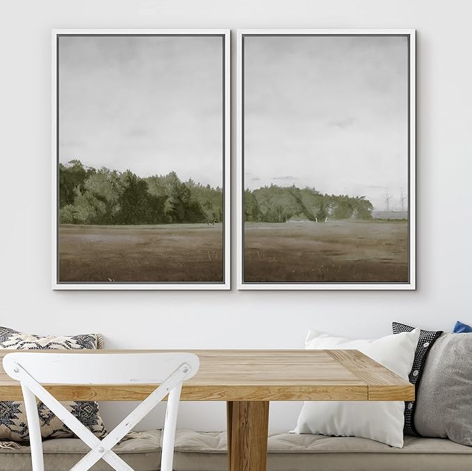 SIGNWIN Framed Canvas Print Wall Art Set Green Mountain Hill Forest Landscape Nature Wilderness Illustrations Fine Art Farmhouse/Country Minimal for Living Room, Bedroom, Office - 16"x24"x2 White