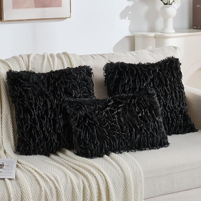 FUTEI Black Decorative Throw Pillow Covers 24x24 Inch Set of 2,Soft Fluffy Faux Feather Texture European Cushion Cases,Modern Home Luxury Decor for Couch Bed Living Room