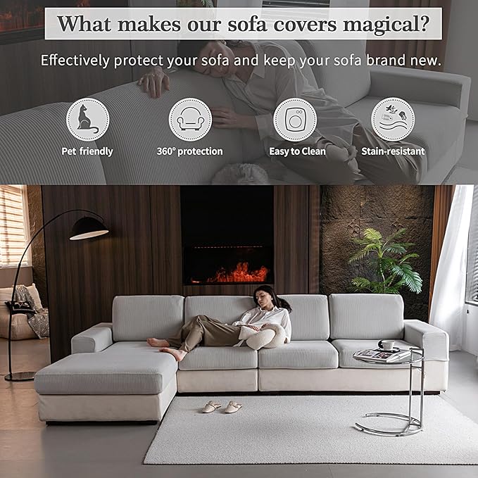 Sectional Couch Covers, Wear Resistant Stretch Sofa Covers Washable Soft Couch Cushion Covers Anti Slip Furniture Protector Sofa Slipcovers for Pets (1 Piece Armrest Sofa Cover, Light Gray)