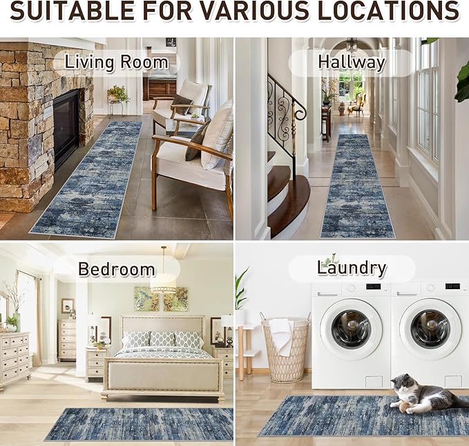 Runner Rug 2'6''x8' Washable Rugs: Machine Washable Hallway Runner Rug with Non Slip Backing Non Shedding Abstract Stain Resistant Carpet for Kitchen Entryway Laundry Bedroom - Beige/Blue