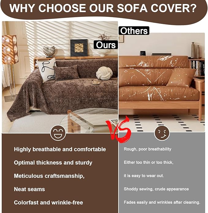 ROOMLIFE Brown Sofa Cover, Vintage Boho Couch Cover for 3 Cushion Sofa, Soft Chenille Sofa Cover for Dog, Washable Furniture Sofa Protector Cover Blanket with Tassel for Living Room, 71 '' X 150''