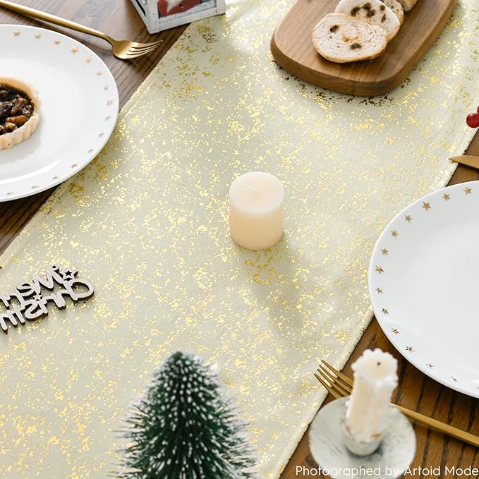 Artoid Mode Beige Dutch Fleece Table Runner, Glitter Metallic Foil Holiday Kitchen Dining Table Decoration for Home Party Decor 13x60 Inch