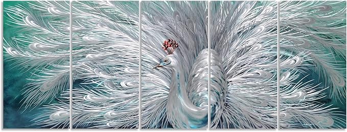 Yihui Arts Peacock Metal Wall Art, Teal and Silver Aluminum Artwork, Modern Sculpture for Living Room Bedroom Bathroom Decor