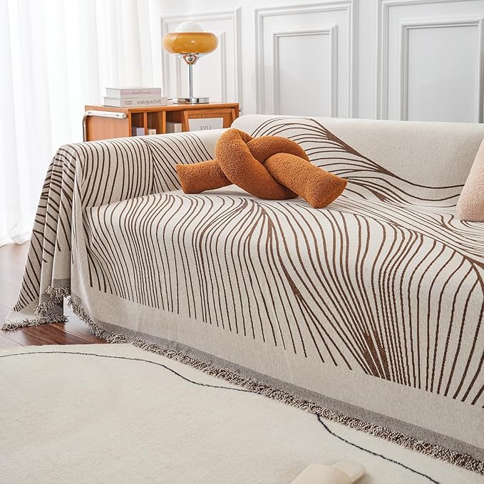 VClife Large Sofa Cover Chenille Couch Cover for 2 Cushion Couch Sofa, Modern Beige Chocolate Striped Couch Covers for Kids Washable Sectional Sofa Protector with Tassel 71"X118"