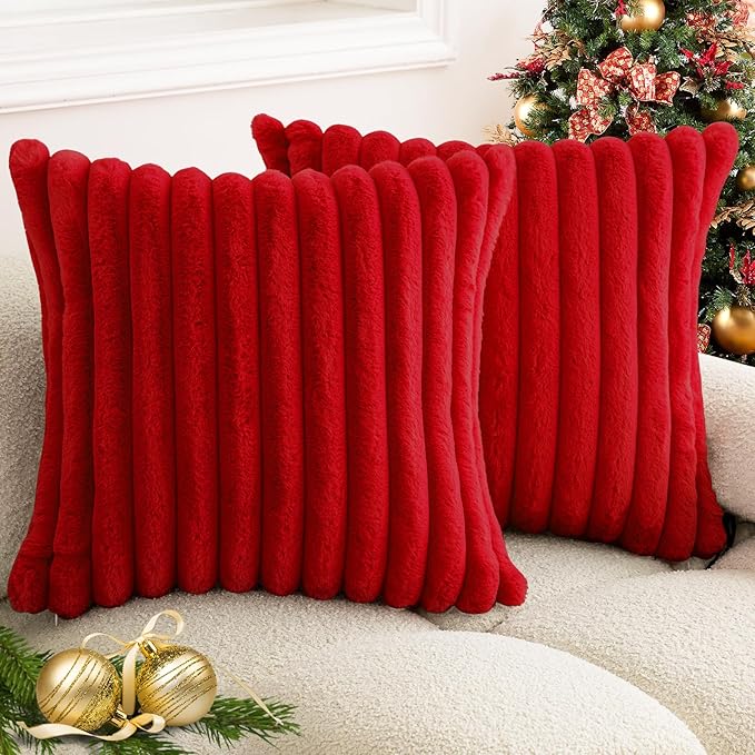 Christmas Red Faux Fur Plush Throw Pillow Covers 18x18 Set of 2 Fuzzy Striped Soft Cozy Pillowcase Luxury Decorative Pillows Square Fluffy Cushion Covers for Couch Bed Living Room
