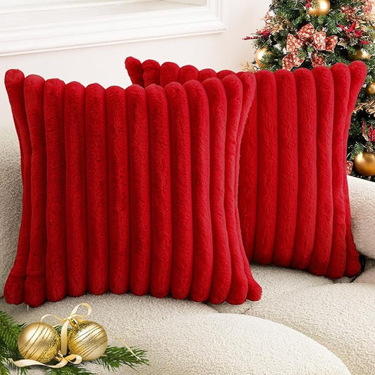 Christmas Red Faux Fur Plush Throw Pillow Covers 24x24 Set of 2 Fuzzy Striped Soft Cozy Pillowcase Luxury Decorative Pillows Square Fluffy Cushion Covers for Couch Bed Living Room