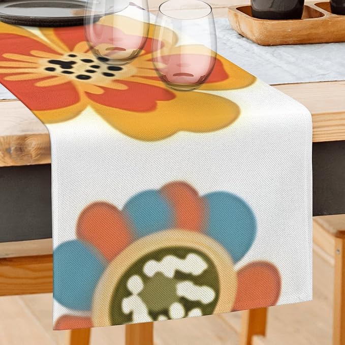 Retro Flower Table Runner 13x72 Inches Vintage Floral Faux Linen for Kitchen Dining Table Decor Wedding Birthday Party Holiday Celebration