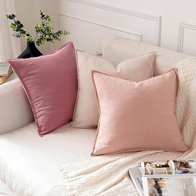 MIULEE Decorative Linen Pillow Covers 18x18 Inch Light Pink Boho Farmhouse Neutral Couch Throw Pillows for Bed Pack of 2 Accent Modern Pillowcase Sofa Livingroom Home Decor
