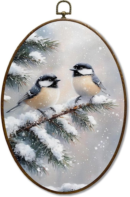 JQF Winter Chickadees Bird Oval Wall Decor, Rustic Farmhouse Oval Canvas Wall Art, Cottagecore Winter Christmas Bird Framed Prints Hanging Decor for Home Living Room Bedroom, 8.5x11.5 Inch