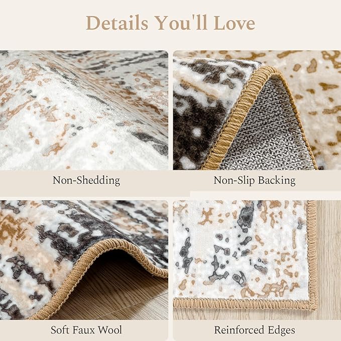 Rugflix 5x7 Area Rug for Living Room, Washable Modern Abstract Rug Low-Pile Non Slip Backing, Soft Large Farmhouse Carpet for Bedroom Dining Room Home Office, Brown Grey
