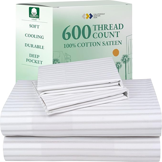 California Design Den California King Sheet Set - 100% Cotton, 600 Thread Count Deep Pocket, Luxury Soft Sateen Hotel-Quality Cal King Sheet Set - Ticking Stripe Pattern