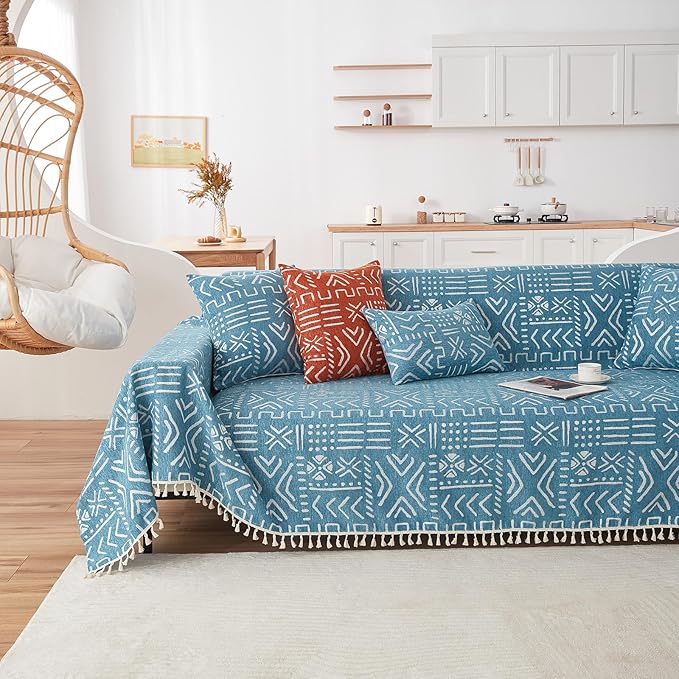 VClife Boho Blue White Couch Cover Plush Soft Chenille Couch Cover for 3-4 Cushion Couch Sofa, 1 PC Washable Breathable Bohemian Sofa Cover for Sectional Couch Thick Furniture Protector 71" x 150"