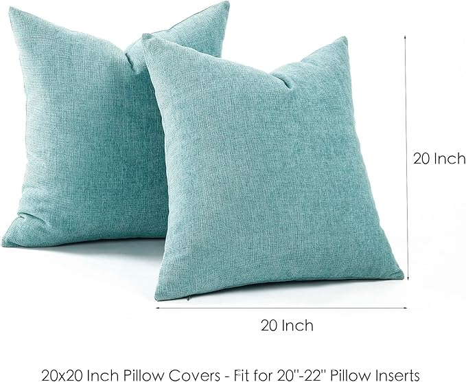 Jepeak 20x20 Inch Decorative Chenille Throw Pillow Covers, Pack of 2 Cozy Concise Pillow Cases Soft Farmhouse Modern Square Cushion Cover for Sofa Couch Bed Home Decor, Turquoise