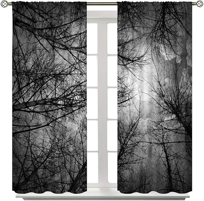 Gothic Forest Blackout Curtains, Full Moon Moonlight Gothic Tree Scenery Woodland Scary Nature Window Drapes, for Living Room Bedroom 21(W)*54(L) 2 Panels