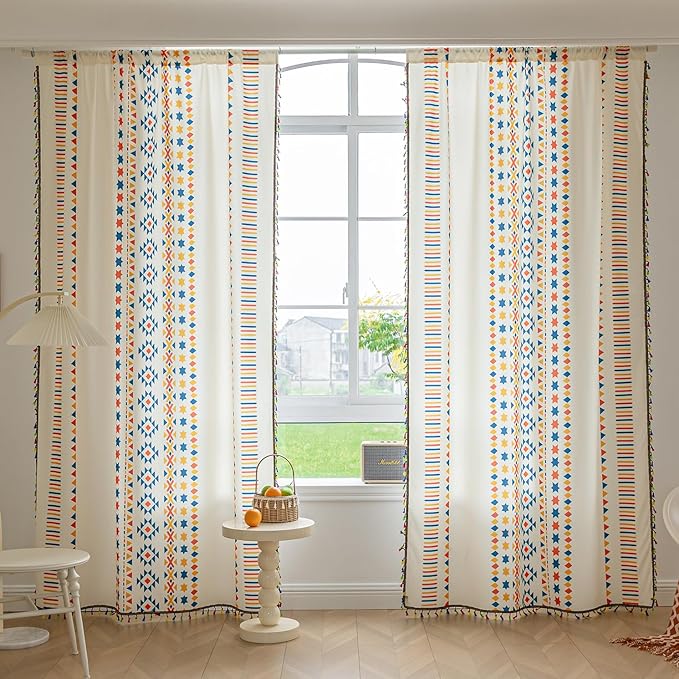 Boho Curtains Geometric Light Filtering Semi-Blackout Window Curtains 72 Inches Long Rod Pocket Drapes for Living Room 2 Panels-Beige Stars