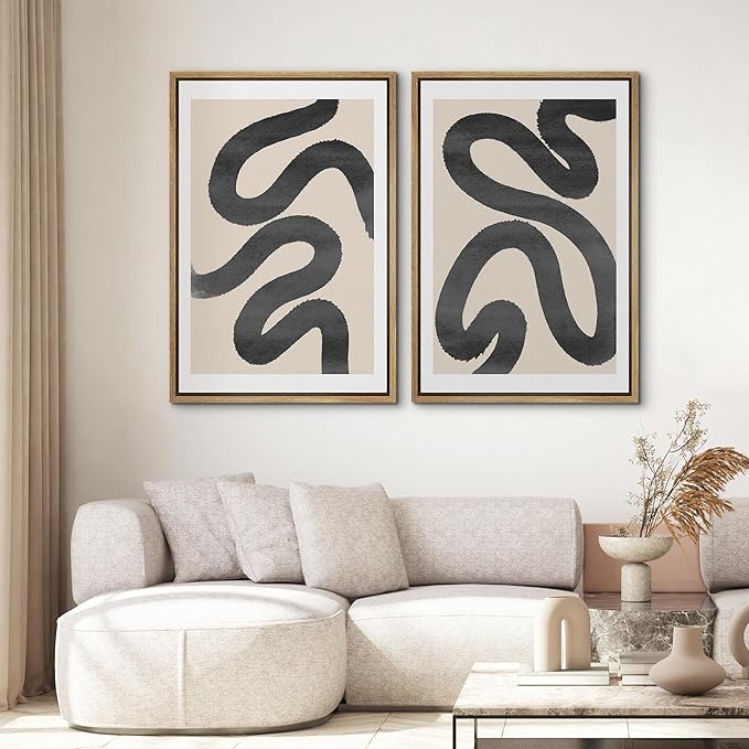 SIGNWIN Framed Wall Art Print Set Black Squiggly Lines Over Tan Background Abstract Swirly Digital Art Modern Art Mid-Century Modern Expressive for Living Room, Bedroom, Office - 24"x36"x2 Panels
