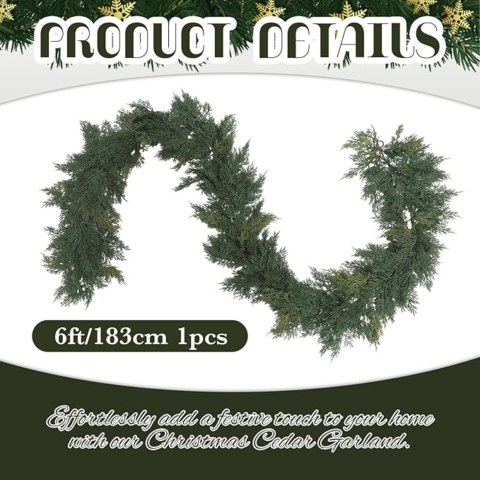 Dingion 1 Pcs 6 ft Christmas Cedar Garland - Thick & Soft Artificial Realistic Cedar Pine Garland for Home Mantle, Stair, Fireplace, Wall, Indoor, Outdoor Christmas Winter Holiday Party Decoration