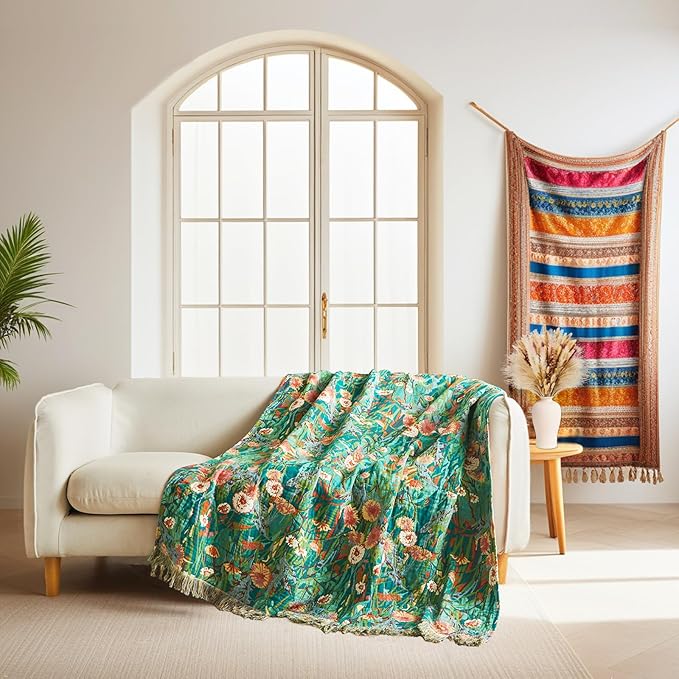 Boho Throw Blanket for Bed Cotton Blankets Twin Size for Bedroom Living Room All Season Lightweight Floral Embroidery Quilt for Couch Sofa Chair 60"x80"