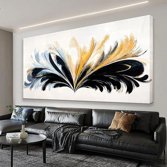 QSQ Large Black And Gold Abstract Wall Art For Living Room Canvas Art Wall Decor Abstract Blue Feather Wall Decor Print Picture For Bedroom Apartment Office Home Wall Decoration 29 X 58 Inch