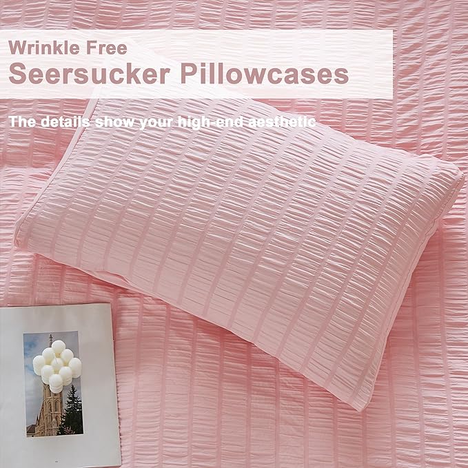AveLom Blush Pink Seersucker Duvet Cover Set King Size (104 x 90 inches), 3 Pieces (1 Duvet Cover + 2 Pillow Cases), Ultra Soft Washed Microfiber, Textured Duvet Cover with Zipper Closure, Corner Ties