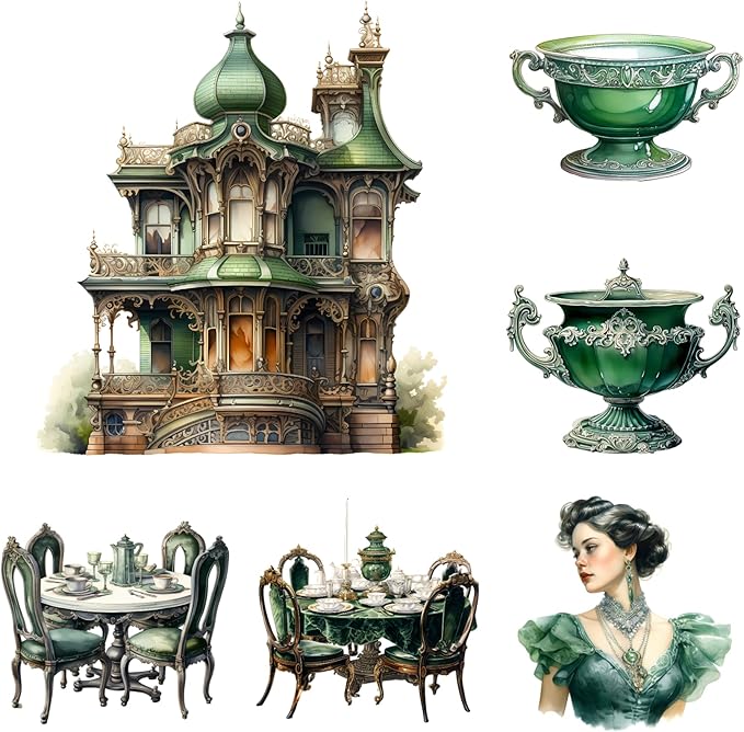 XERE 102 Pcs Green Victorian Era Scrapbook Stickers Set, Aesthetic Sticker for Scrapbooking and Journaling, Junk Journal Supplies, Bullet Journals Materials, Planner Arts Craft Collage Supplies